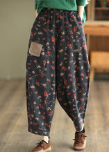 Load image into Gallery viewer, Women Grey Black Pockets Print Elastic Waist Linen Pants Spring