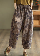 Load image into Gallery viewer, Women Grey Black Pockets Print Elastic Waist Linen Pants Spring