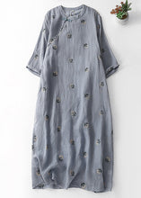 Load image into Gallery viewer, Women Grey Embroidered Button Cotton Dresses Half Sleeve