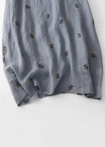 Women Grey Embroidered Button Cotton Dresses Half Sleeve