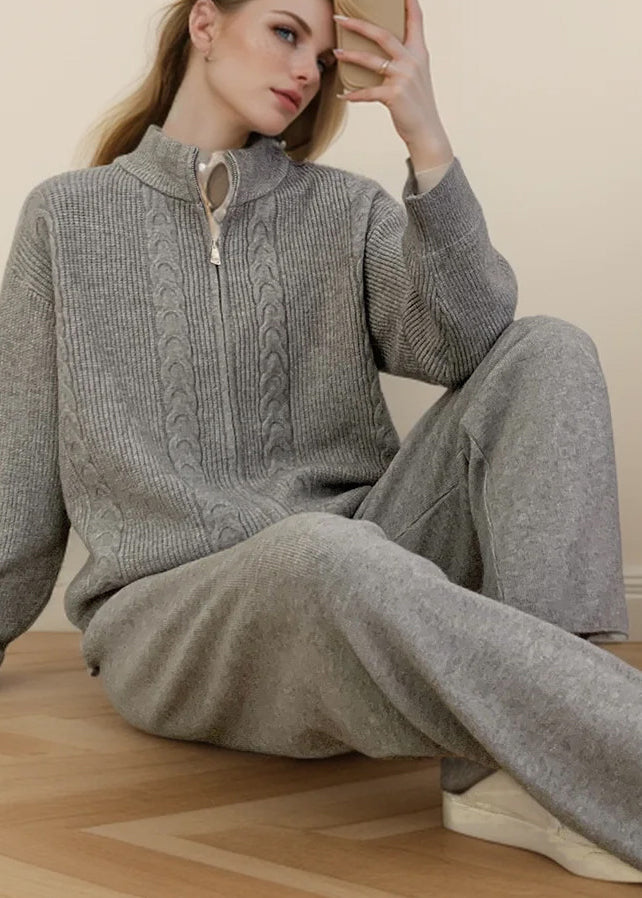 Women Grey Knitted Set Zippered Knitted Cotton Thread Sweater Cardigan And Wide Leg Pants Two Pieces Set Fall