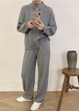 Load image into Gallery viewer, Women Grey Knitted Set Zippered Knitted Cotton Thread Sweater Cardigan And Wide Leg Pants Two Pieces Set Fall