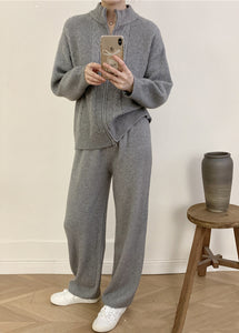 Women Grey Knitted Set Zippered Knitted Cotton Thread Sweater Cardigan And Wide Leg Pants Two Pieces Set Fall