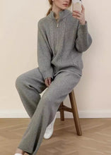 Load image into Gallery viewer, Women Grey Knitted Set Zippered Knitted Cotton Thread Sweater Cardigan And Wide Leg Pants Two Pieces Set Fall