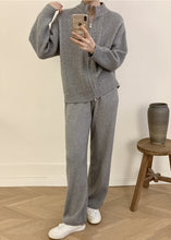 Load image into Gallery viewer, Women Grey Knitted Set Zippered Knitted Cotton Thread Sweater Cardigan And Wide Leg Pants Two Pieces Set Fall