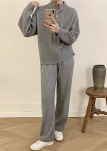 Women Grey Knitted Set Zippered Knitted Cotton Thread Sweater Cardigan And Wide Leg Pants Two Pieces Set Fall