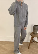 Load image into Gallery viewer, Women Grey Knitted Set Zippered Knitted Cotton Thread Sweater Cardigan And Wide Leg Pants Two Pieces Set Fall