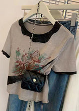 Load image into Gallery viewer, Women Grey O Neck Print Patchwork Cotton T Shirts Summer