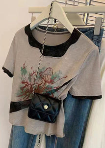 Women Grey O Neck Print Patchwork Cotton T Shirts Summer