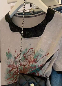 Women Grey O Neck Print Patchwork Cotton T Shirts Summer