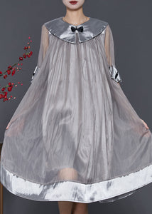 Women Grey Patchwork Bow Tulle Robe Dresses Summer