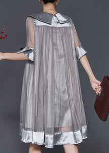 Women Grey Patchwork Bow Tulle Robe Dresses Summer