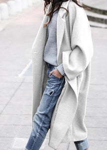 Women Grey Peter Pan Collar Pockets Woolen Trench Fall