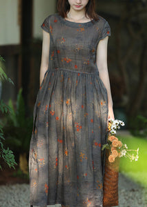 Women Grey Print Lace Up Pockets Linen Dresses Summer