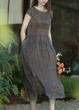 Load image into Gallery viewer, Women Grey Print Lace Up Pockets Linen Dresses Summer