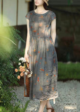 Load image into Gallery viewer, Women Grey Print Lace Up Pockets Linen Dresses Summer