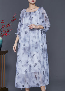 Women Grey Print Tie Dye Chiffon Long Dress Half Sleeve