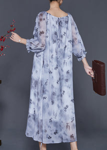 Women Grey Print Tie Dye Chiffon Long Dress Half Sleeve