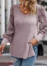 Load image into Gallery viewer, Women Grey V Neck Hollow Out Knit T Shirt Top Fall