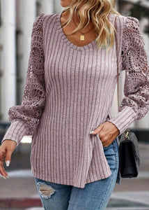 Women Grey V Neck Hollow Out Knit T Shirt Top Fall