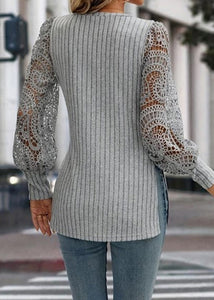 Women Grey V Neck Hollow Out Knit T Shirt Top Fall