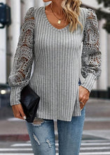 Load image into Gallery viewer, Women Grey V Neck Hollow Out Knit T Shirt Top Fall