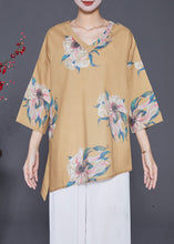 Load image into Gallery viewer, Women Khaki Asymmetrical Print Linen Shirts Summer