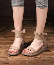 Load image into Gallery viewer, Women Khaki Cowhide Leather Buckle Strap Wedge Sandals