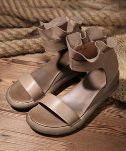 Women Khaki Cowhide Leather Buckle Strap Wedge Sandals