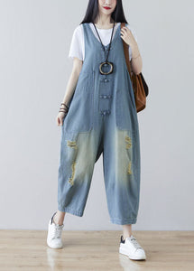 Women Light Blue Oriental Button Ripped Cotton Denim Jumpsuit Spring