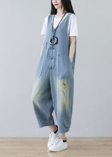 Load image into Gallery viewer, Women Light Blue Oriental Button Ripped Cotton Denim Jumpsuit Spring