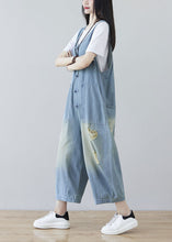 Load image into Gallery viewer, Women Light Blue Oriental Button Ripped Cotton Denim Jumpsuit Spring