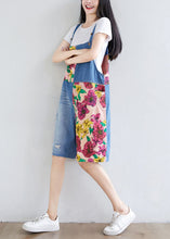 Load image into Gallery viewer, Women Light Blue Patchwork Print Cotton Overalls Jumpsuit Shorts Summer