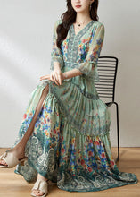 Load image into Gallery viewer, Women Light Green V Neck Wrinkled Patchwork Print Silk Dresses Summer