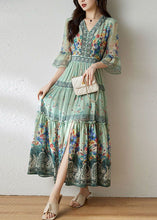 Load image into Gallery viewer, Women Light Green V Neck Wrinkled Patchwork Print Silk Dresses Summer