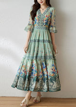 Load image into Gallery viewer, Women Light Green V Neck Wrinkled Patchwork Print Silk Dresses Summer