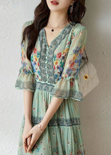 Load image into Gallery viewer, Women Light Green V Neck Wrinkled Patchwork Print Silk Dresses Summer