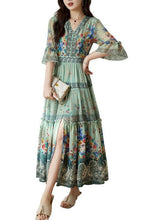 Load image into Gallery viewer, Women Light Green V Neck Wrinkled Patchwork Print Silk Dresses Summer