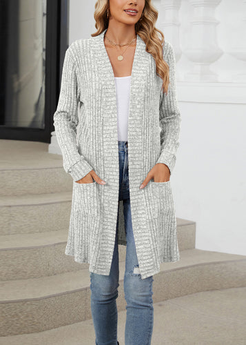 Women Loose Light Grey Pockets Knit Cardigan Fall