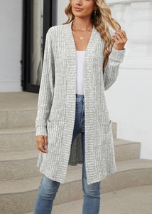 Women Loose Light Grey Pockets Knit Cardigan Fall