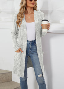 Women Loose Light Grey Pockets Knit Cardigan Fall