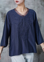 Load image into Gallery viewer, Women Navy Embroidered Cotton Shirt Top Half Sleeve