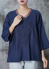 Load image into Gallery viewer, Women Navy Embroidered Cotton Shirt Top Half Sleeve