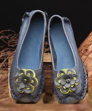 Load image into Gallery viewer, Women Navy Faux Leather Flower Splicing Flat Feet Shoes