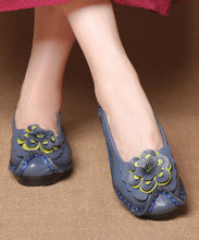 Load image into Gallery viewer, Women Navy Faux Leather Flower Splicing Flat Feet Shoes