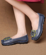 Load image into Gallery viewer, Women Navy Faux Leather Flower Splicing Flat Feet Shoes