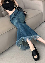 Load image into Gallery viewer, Women Navy High Waist Patchwork Tassel Denim Maxi Skirts Summer