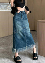 Load image into Gallery viewer, Women Navy High Waist Patchwork Tassel Denim Maxi Skirts Summer