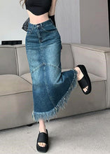 Load image into Gallery viewer, Women Navy High Waist Patchwork Tassel Denim Maxi Skirts Summer