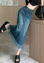 Load image into Gallery viewer, Women Navy High Waist Patchwork Tassel Denim Maxi Skirts Summer